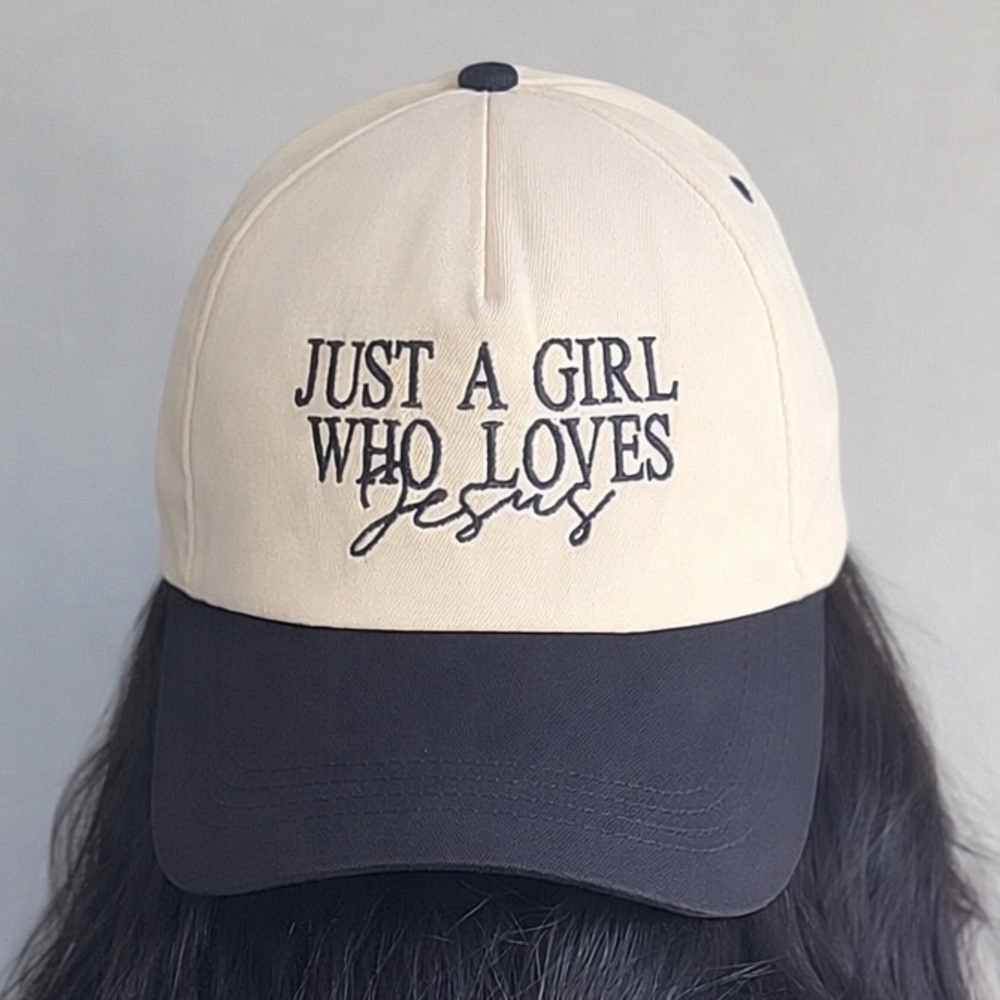 Just a Girl Who Loves Jesus Cream & Black Embroidered Hat ✝️